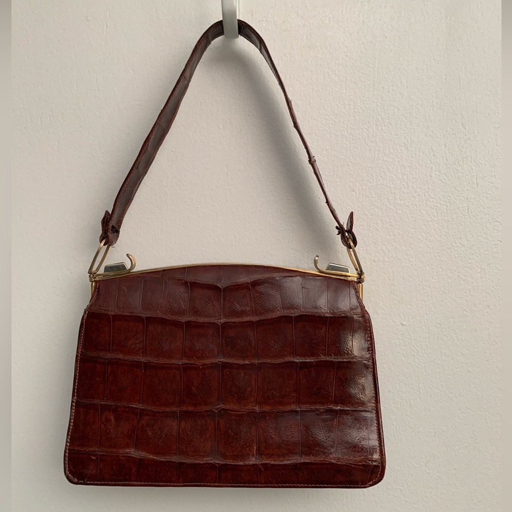 Women’s Vintage LONDON PARIS Brown and Gold Crocodile Handbag Bag